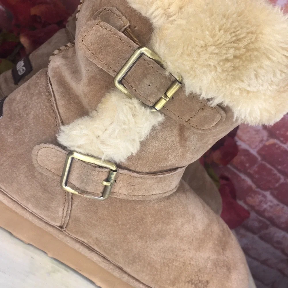 Lamo Tan Suede Water Resistant Shearling Double Buckle Boots